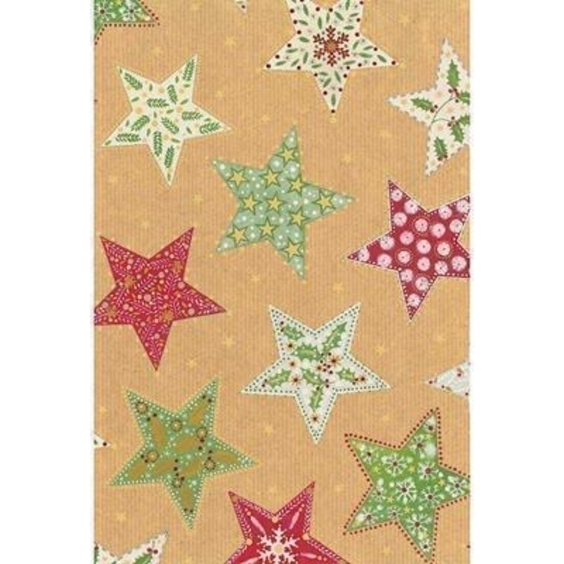 In traditional Christmas colours of red green and white but with a contemporary style star pattern. With hot foil stamping and blind embossing. Approx size 70cm x 2m